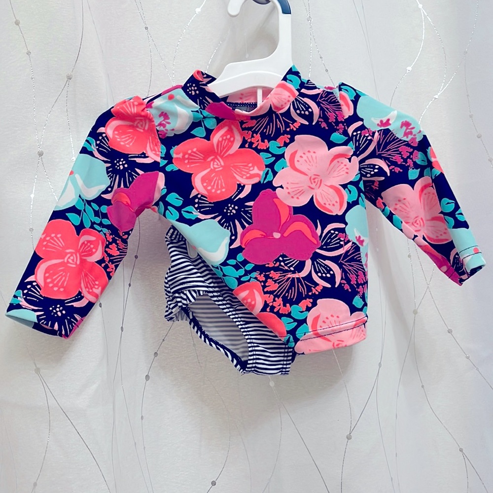 EUC Two piece floral/striped swimsuit, long sleeve rash guard top, ruffle bottom